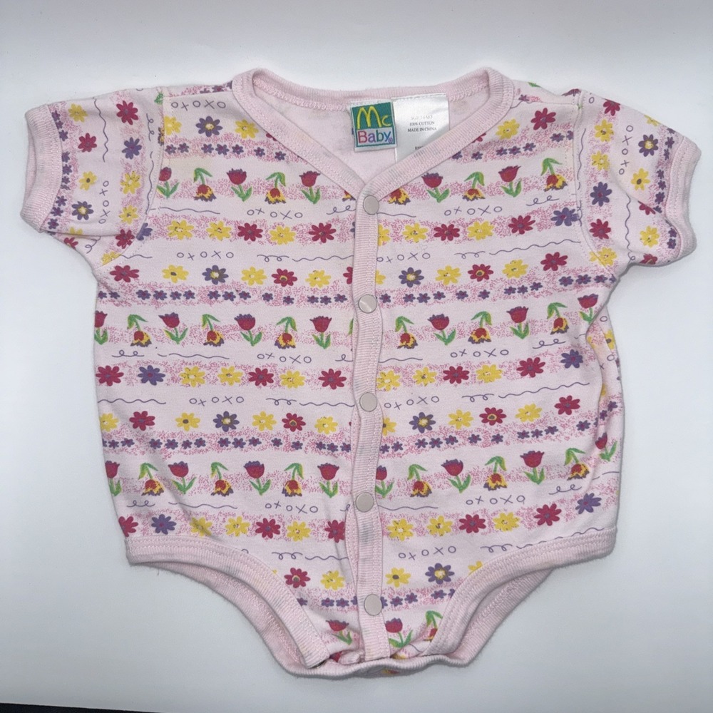 Vintage McBaby Girls Pink Bodysuit Snap Front Flowers & Tulips XOXO 3-6 Months